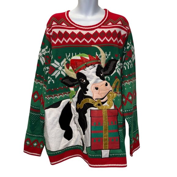 Holiday Time Ugly Sweater Mens 3XL 54 56 Christmas Bull Cow Opening Gift Bells - Picture 1 of 9